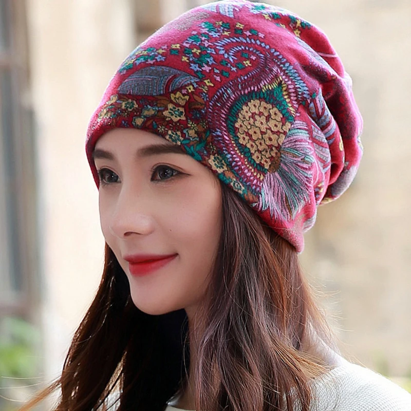 LongKeeper New Women Hat Polyester Adult Casual Floral Women\'s Hats Spring Autumn Female Cap Scarf 3 Colors Fashion Beanies