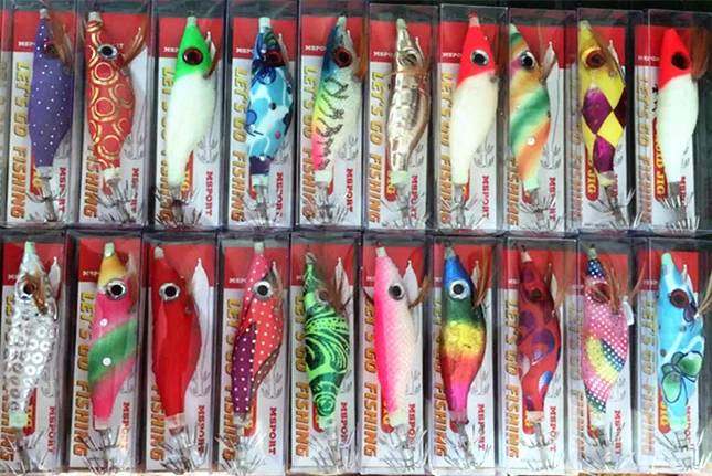 Mix Color Boxed Squid Jig Hook 40Pcs Wood Shrimp Fishing Lure Umbrella Hook Octupus Lures Random Color 10cm 11g
