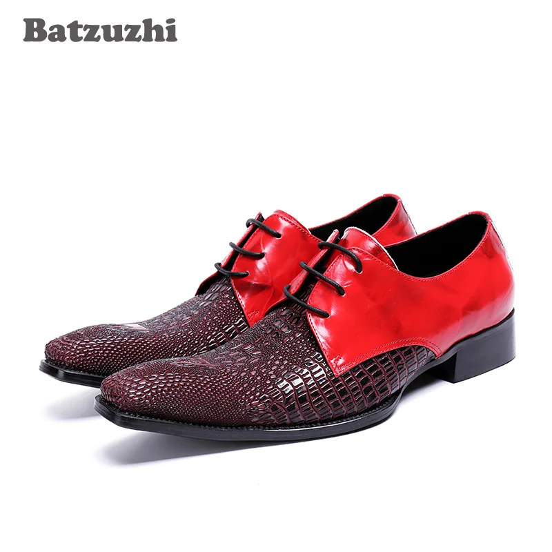 Zapatos de hombre de estilo italiano de lujo, zapatos de vestir pequeños con punta cuadrada para hombre, zapatos de cuero genuino con cordones, zapatos de boda rojos para hombre, Oxfords, US12