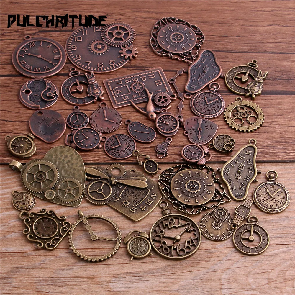 10pcs Vintage Metal Zinc Alloy Mixed Two Clock Pendant Charms Steampunk Clock Charms For Diy Jewelry Making