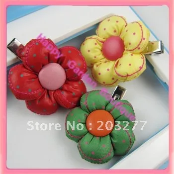 Free shipping!24pcs/lot  polka dots flower with double prong hair clip 9color for your choose