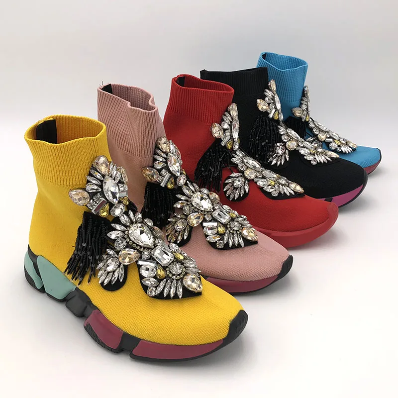 Rhinestone Women Sneakers Crystal Socks Sneakers Handmade Women Socks Sneaker Boots with Crystals Women Short Boots Shoes