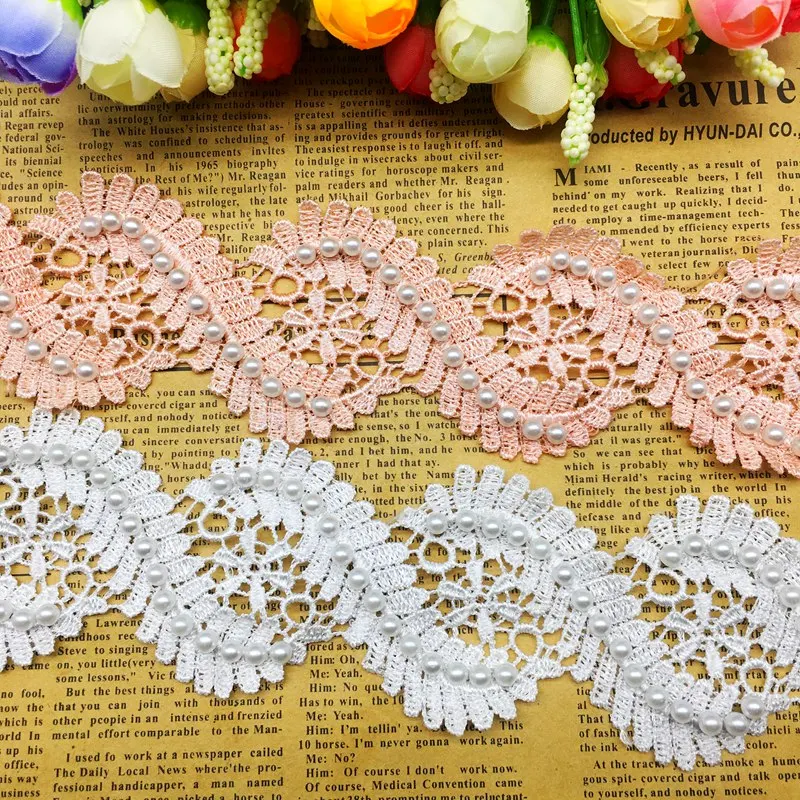 2 Yards Pearl Centipede Flower Daisy Lace Ribbon Fabric Trim Applique Lace Trimmings for Sewing Accessories Embroidered Clothing