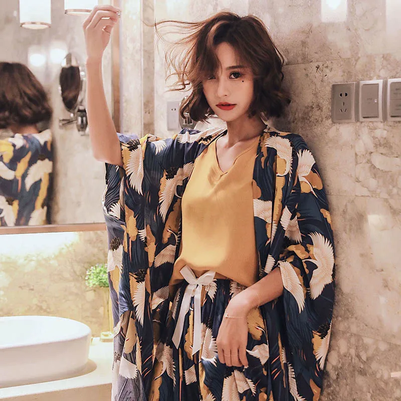 4Pcs Women Pajamas Set Comfort Cotton Satin Elegant Crowned Crane Printed Sleepwear Coat+Vest+Pants+Shorts Homewear Leisure Wear