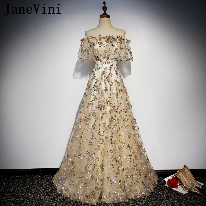 JaneVini suknie balowe szampana długie eleganckie 2019 Off the Shoulder Sparkle Sequined Line kobiety formalne sukienki na przyjęcie piętro długość