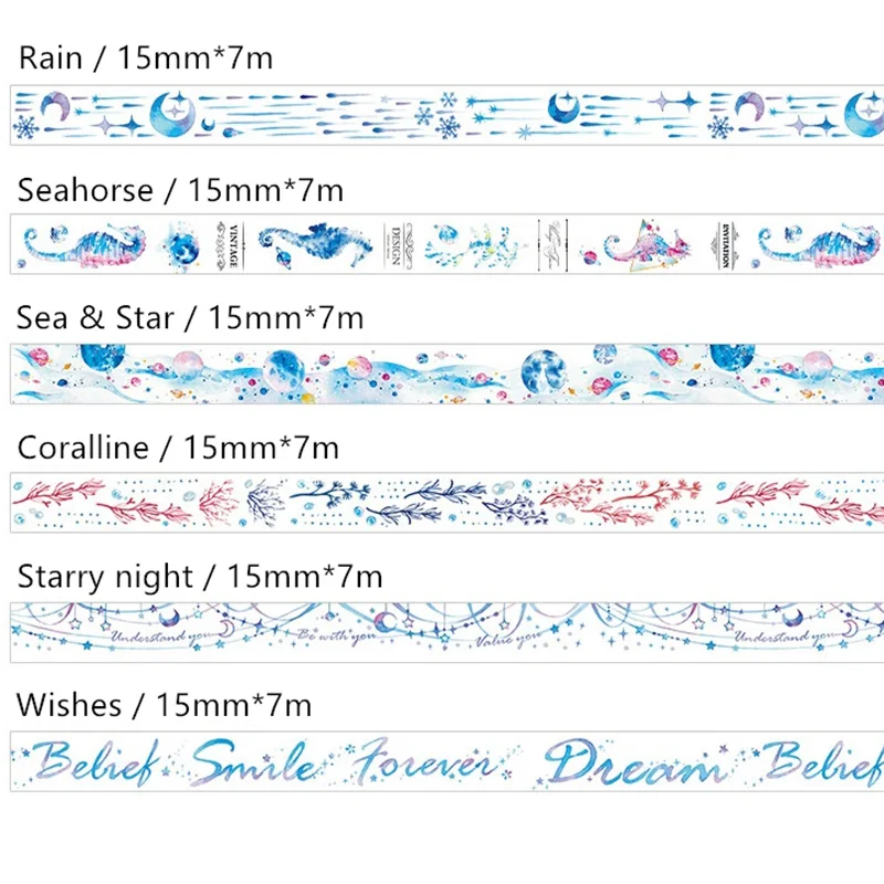 6pcs Fantastic Sea World Washi Tape Set 15mm Seahorse Moon Star Adhesive Masking Tapes Stickers Decoration for Diary DIY A6165