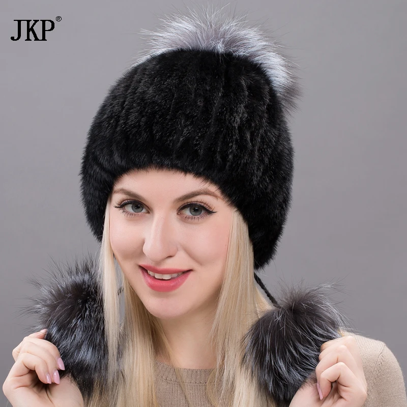 

JKP New Real Mink Fur Hats With Winter Ear Protection Of Hot Russia Women Fur Cap Fur Balls Mink Fur Fox Bomber Hats DXJ17-33