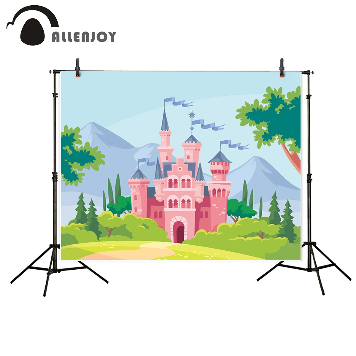 خلفية للتصوير من Allenjoy مع قلعة وردية وأشجار خضراء وغابة وتلة وخلفية بنمط الخيالية كاميرا استوديو للتصوير الفوتوغرافي