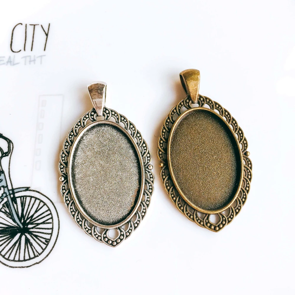 5pcs/lot 20x30mm Necklace Pendant Setting Antique Bronze Silver Color Glass Cabochon Blank Base Supplies for Jewelry T106