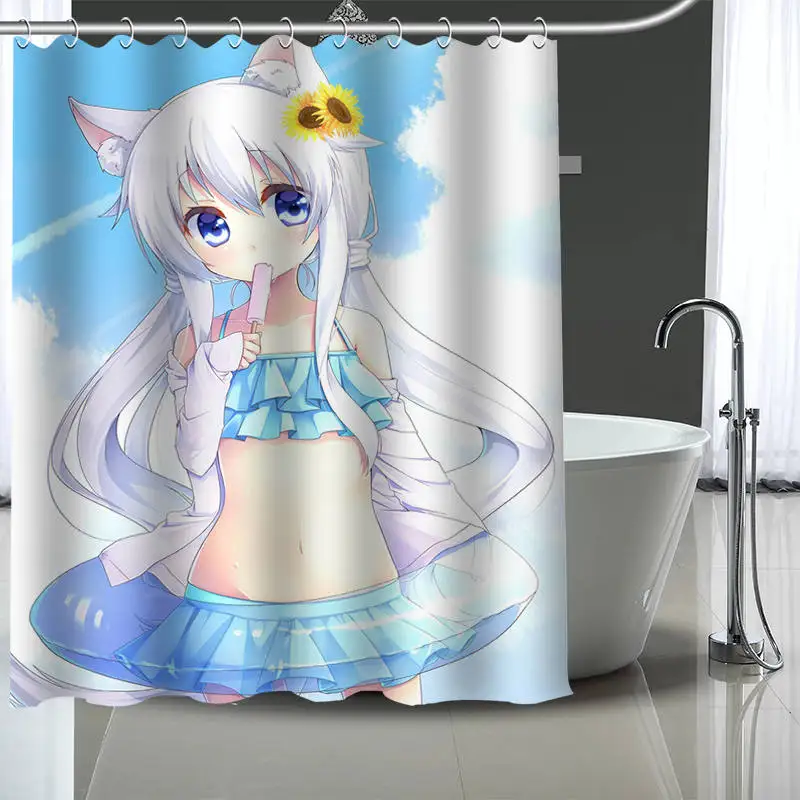 Custom anime cat girl Shower Curtain With Plastic Hooks Modern Fabric Bath Curtains Home Decor Curtains Custom Your image