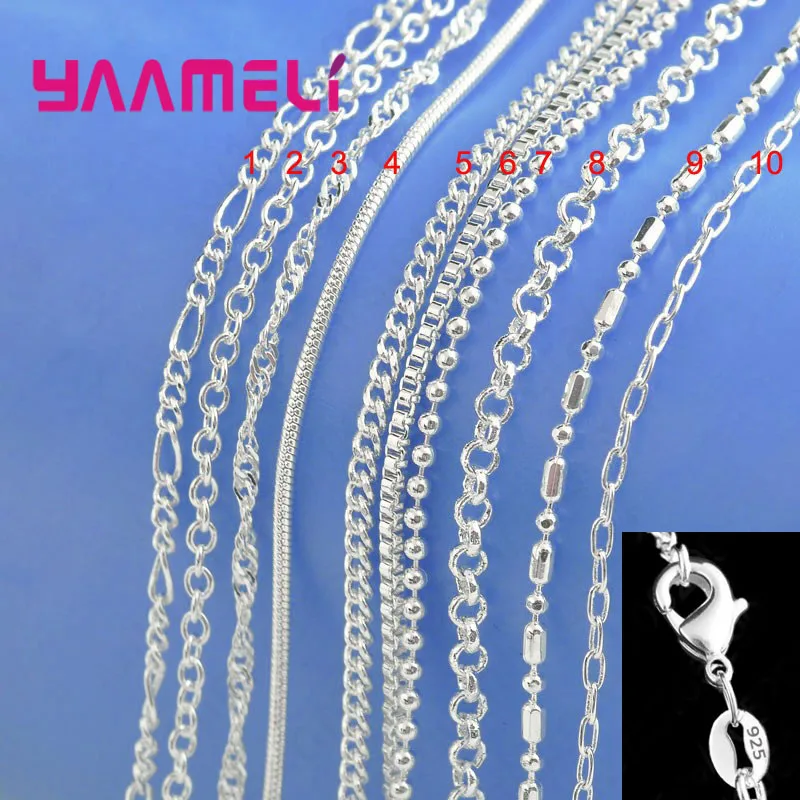 10 Designs Option 16-30 Inches Fine 925 Sterling Silver Necklace Chains With Lobster Clasps Set For Girl Women