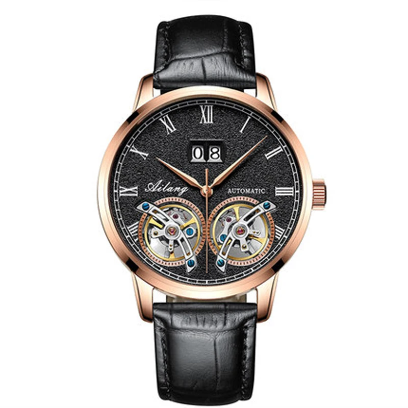 AILANG skeleton double tourbillon fashion luxury brand men tourbillon automatic mechanical watch men sports simulation light