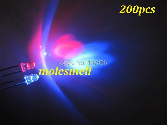 200pcs, 3mm Dual Bi Color Polar Changing Red/blue Led water clear Leds 2-Pin led