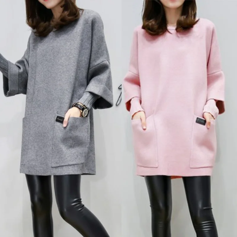 Women Autumn Long Solid Pullover Sweatshirt Three Quarter Sleeve O-neck Korean Two Pocket Plus Size Sweatshirts W2