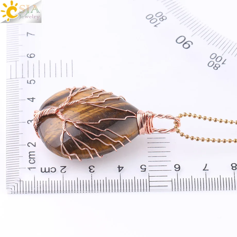 CSJA Tree of Life Water Drop Necklace & Pendants Rose Gold Color Wrap Wire Natural Gem Stone Purple Pink Quartz Opal Chakra E640