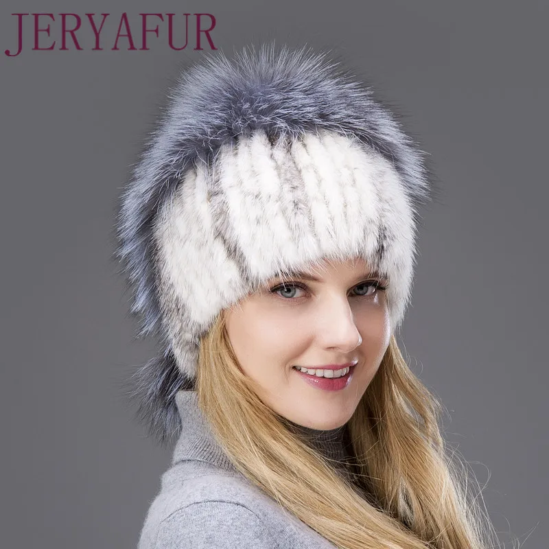 JERYAFUR Warm Women Winter Hats Real Mink Fur Female Earflap Caps With Fluffy Fox Pompom Fashion  Wool Lined Brand Hat