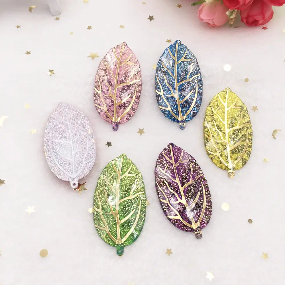 Mix Resin Bling Colorful Leafs Bead Flat Back Rhinestone 6pcs Applique DIY Wedding 1 Hole Charm Pendant Ornament Craft PF629