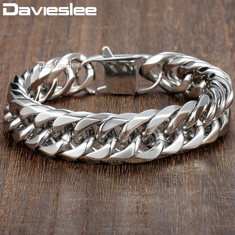 Davieslee 15mm Men's Bracelet Silver Color Curb Cuban Link 316L Stainless Steel Wristband Male Jewelry DLHB289