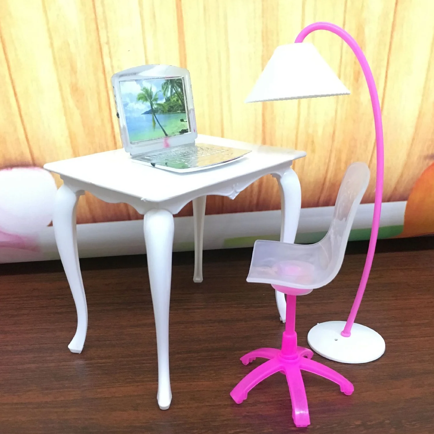 4PCS Mini Doll Office Table Desk Lamp Laptop Chair Miniature Doll House Computer Furniture Accessories for Barbie Toy