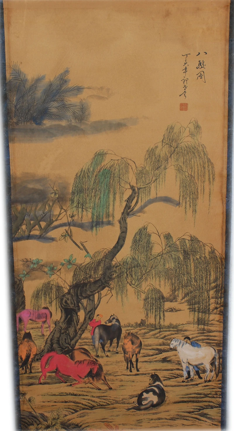 Hand-painted Chinese paintings, long axis of Willow Eight Horses picture, the ancient Chinese fairy collection