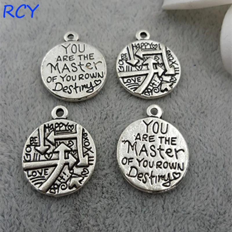 

Top Quality 20 Pieces/lot 17mm antique silver color letter printed you are the master of your own destiny round message charm