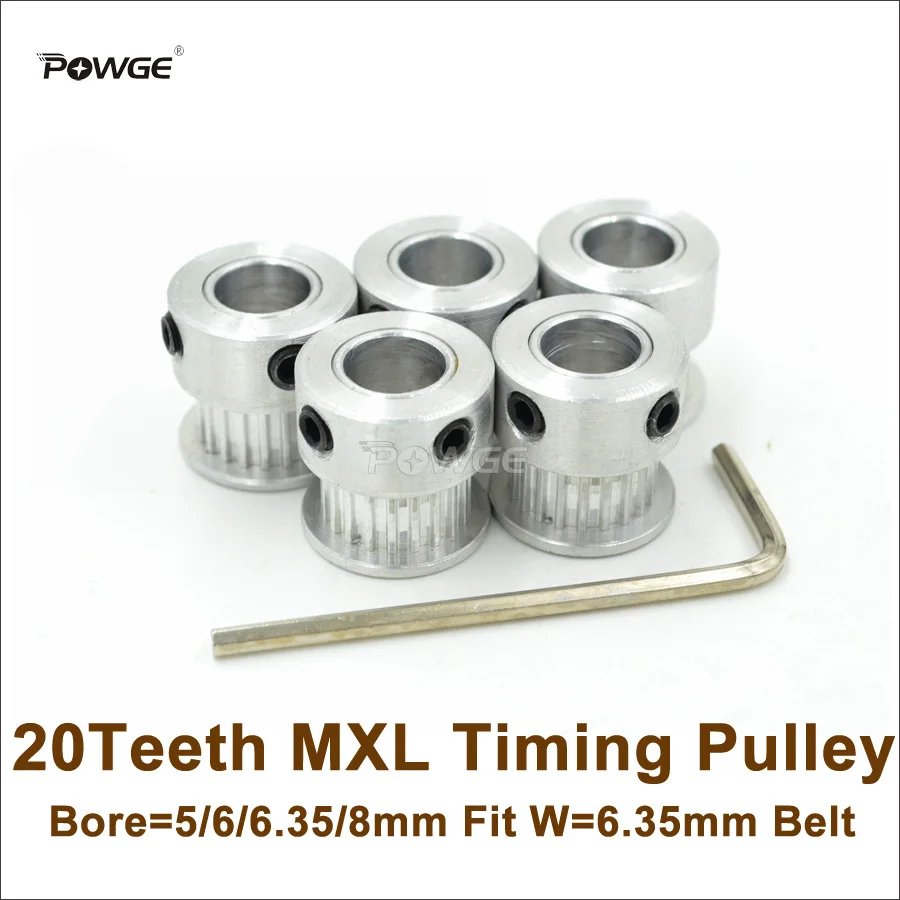 POWGE 5pcs 20 Teeth MXL Timing Pulley Bore 5/6/6.35/8mm Fit W=6.35mm MXL Belt 20T 20Teeth MXL Pulley 3D Printer DIY Ultimaker