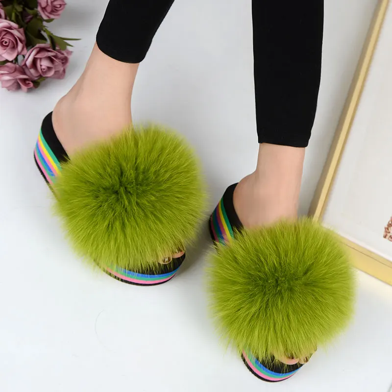 New Fox Fur Slippers 2021 Women\'s Fur House Furry Slippers Plush Summer Rainbow Colored Heels Sweet Sandals