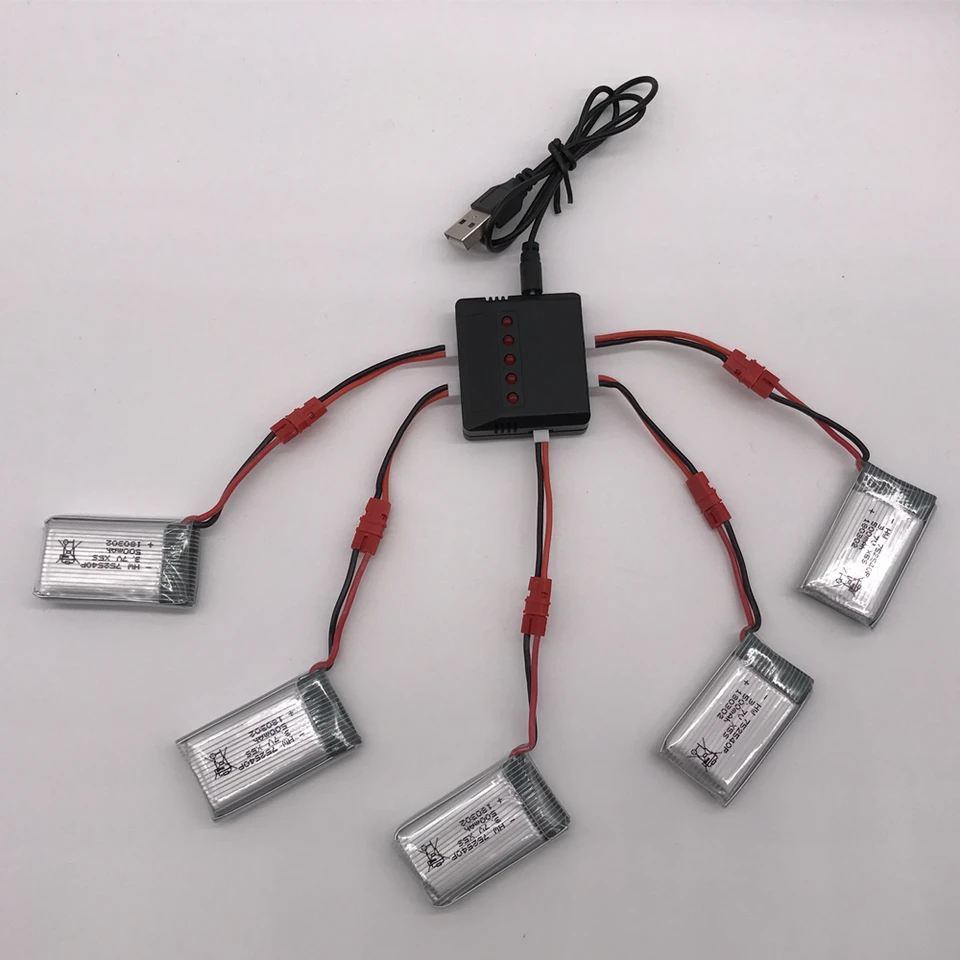 Pack De 5 Baterías De Litio 3.7V 500mAh Con Cargador 5 En 1 Para Drones Syma X5HW, X5HC Y Compatibles