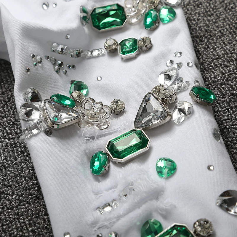 Vintage Green Diamonds Mid Waist Womens Casual Jeans Female Trousers New Fashion High Quality Skinny Stretch Pencil Pants Hole