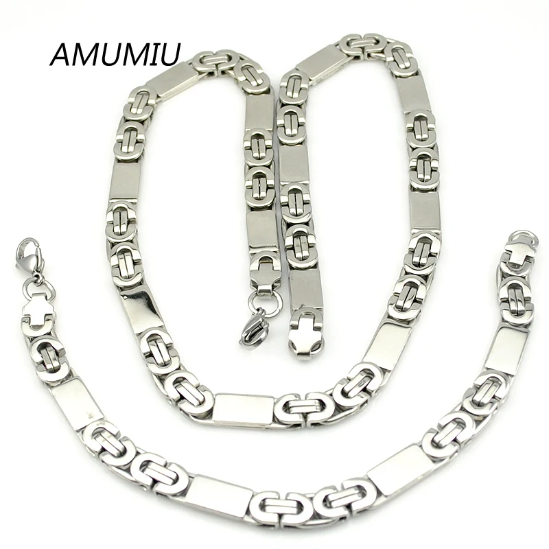 AMUMIU Mens Chain Stainless Steel Necklace Bracelet Sets Flat Byzantine Fashion Necklaces for Women Punk HZTZ057