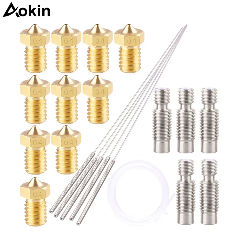 10pcs 0.4MM Brass Extruder Nozzle Print Heads 5pcs Cleaning Needles 0.4mm Drill Bits 2M PTFE Tube for E3D V6 3D Printer