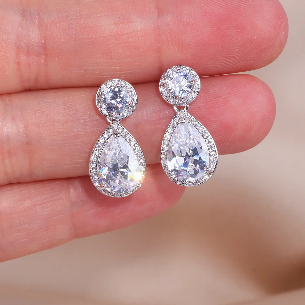 Classic Sliver Color Water Drop Shaped Cubic Zirconia Crystal Earrings For Women Romantic Wedding Jewelry For Brides Bridesmaid