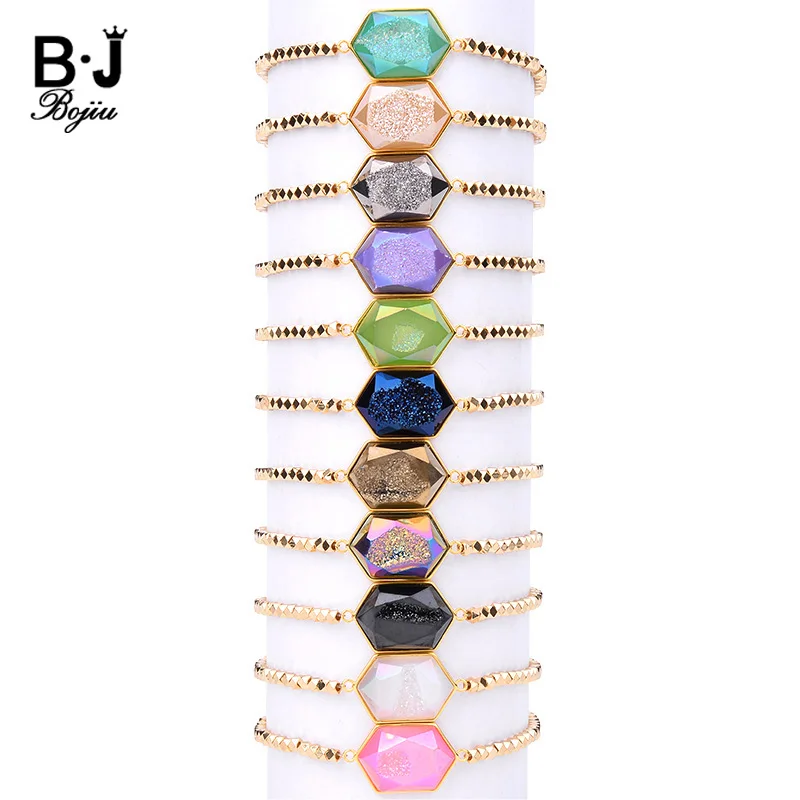 BOJIU 11 Colors Druzy Charm Bracelet For Women Gold Copper Nuggets Red Brown Blue Green White  Black Gray Crystal Bracelet BC212