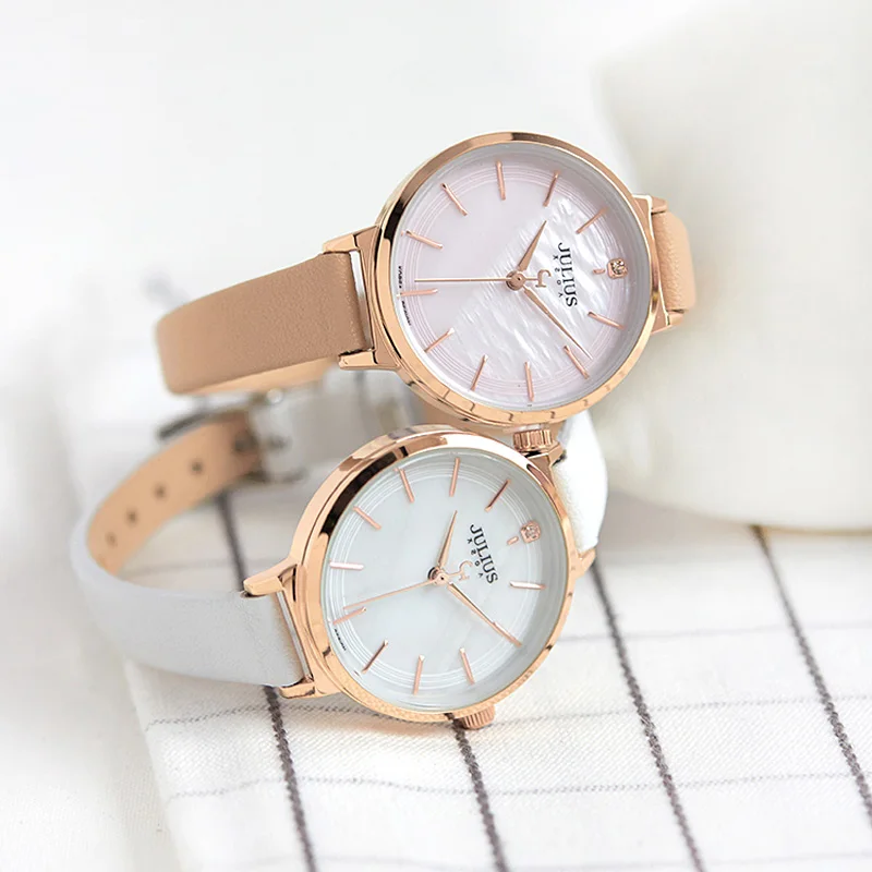 Mother-of-Pearl Julius Women\'s Watch Japan Quartz Hours Simple Fine Fashion Leather Bracelet Girl Birthday Gift Julius No Box