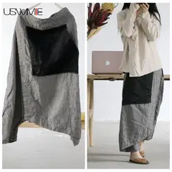 USWMIE 2020 Spring Women Pants Vintage Casual Elastic Waist Plaid Do Old Contrast Color Pocket Loose Comfort Flax Ninth Pants