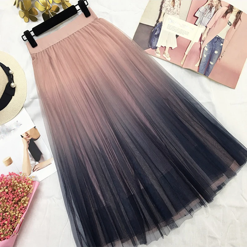 แฟชั่นยาว Tulle กระโปรงผู้หญิง 2019 ฤดูใบไม้ผลิฤดูร้อนเกาหลีสูงเอว A - Line จีบโรงเรียนกระโปรง Midi กระโปรง