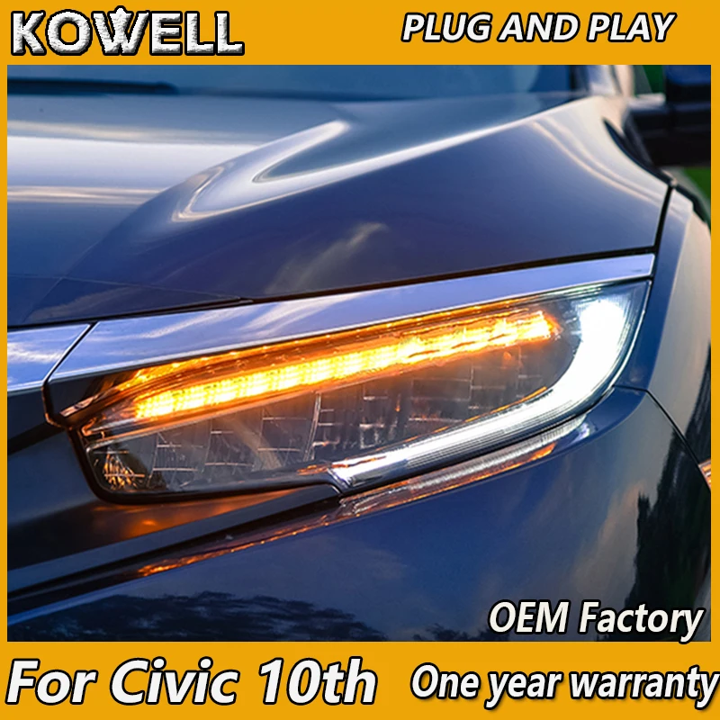 

KOWELL Автомобильный Стайлинг для Honda Civic 10th 2016, полностью светодиодные фары с желтым движущимся поворотником, светодиодный передний фонарь DRL