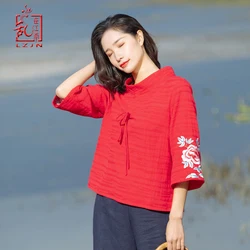 LZJN-túnica de cuello alto para mujer, camisa básica de estilo chino, manga 2019, sudadera con bordado rojo, Tops 3/4