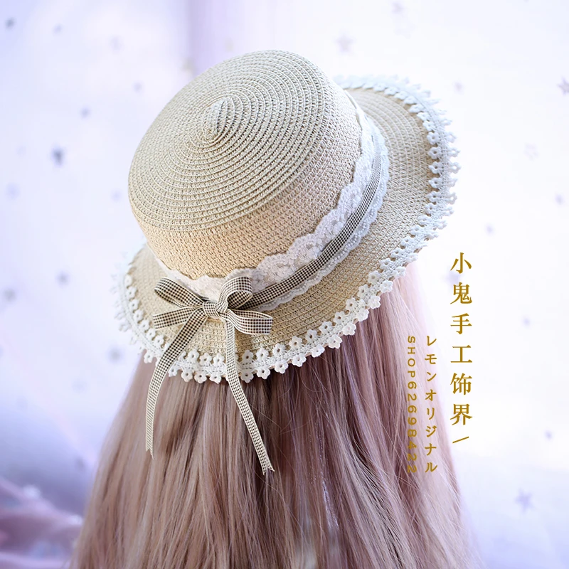 Lolita Daily Lace Plaid Straw Hat Sweet Japanese Dress Hat Mori Pastoral Soft Girl Flat Top Adult Dome Solid Unisex Travel