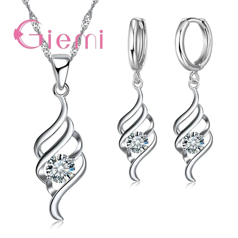 Jolis ensembles de bijoux en argent Sterling 925 pour femmes, fête de fiançailles CZ, ailes d'ange, pendentif, collier, boucles d'oreilles