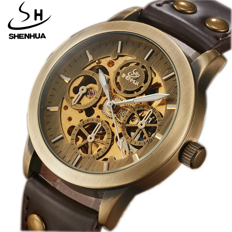 

SHENHUA Retro Bronze Automatic Mechanical Watch Mens Skeleton Luminous Real Leather Men Sport Speed Mechanical Wristwatches