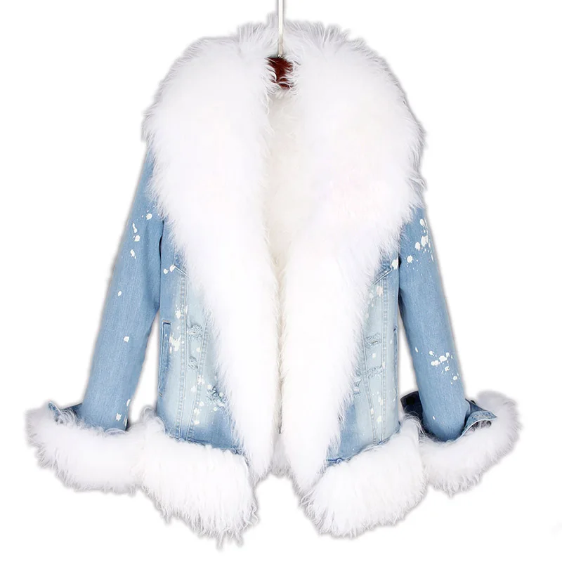 Mao mao kong Natural wool lined with luxurious wool fur collar denim coat winter casual warm fashion short fur jacket Women\'s ja