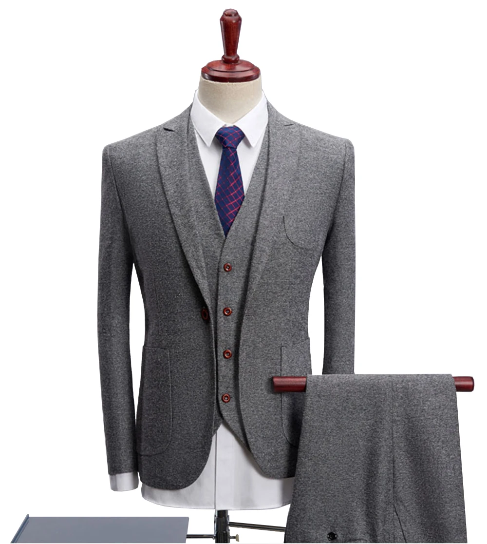 

Mens Suits Grey 2019 Three Pieces Wool Groom Tuxedos Shawl Lapel Business Suits For Wedding Evening(Blazer+Vest+Pants)Plus size