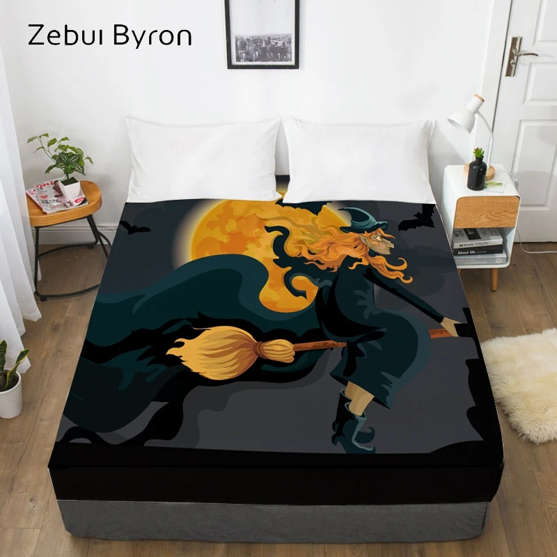 3D HD Print Bed Sheet With Elastic,Fitted Sheet Custom Size,Mattress Cover 150/180/200/160x200,Bedding Halloween Witch