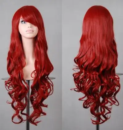 Perruque synthétique longue bouclée rouge pour femmes, perruque de Cosplay, coiffure bleue pour Halloween, Costume de carnaval, frange inclinée, perruque noire