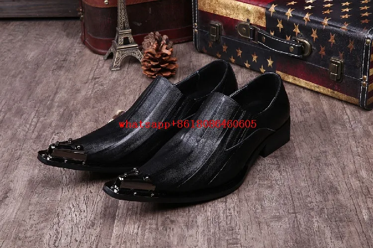 Men dress shoes luxury brand black leather blue spiked loafers slip on mens pointy shoes oxford classic wedding formal shoes