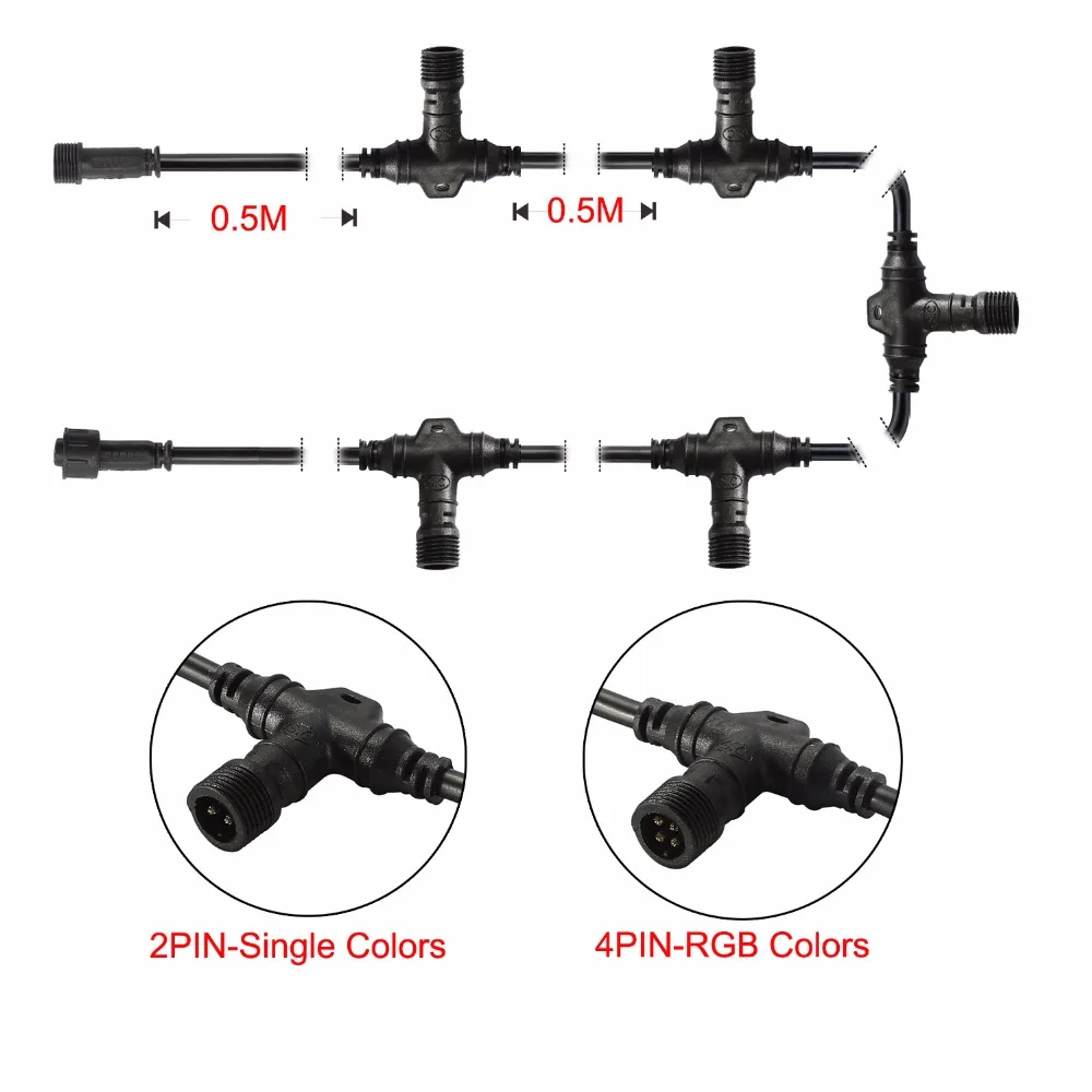 Waterproof Rating IP67 UL2464 Wire Black PC 3M Single Color Lights 2 PIN/RGB Color Lights 4 PIN T Connect Cable