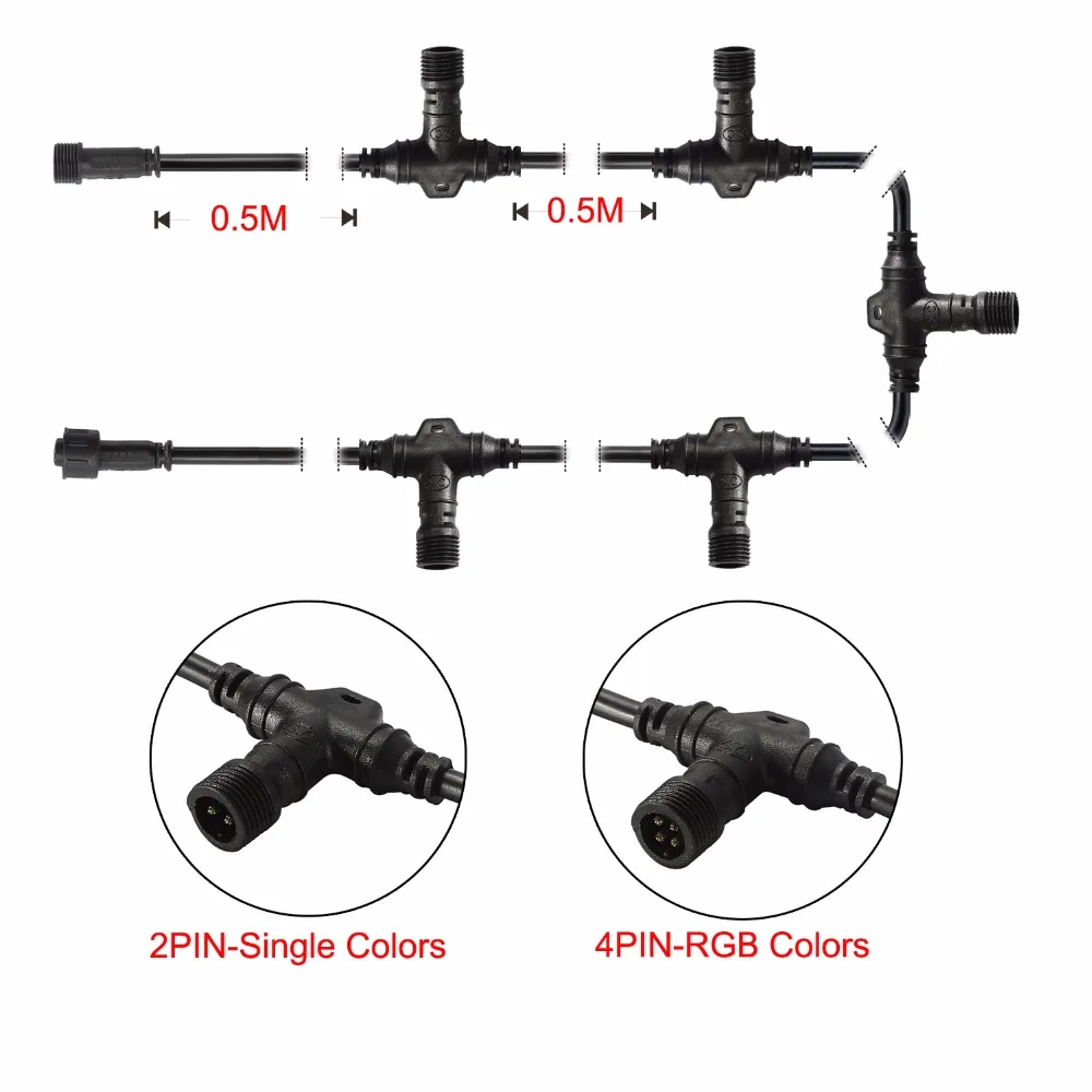 Wodoodporna ocena IP67 UL2464 drut czarny PC 3 M jeden kolor światła 2 PIN/RGB kolor światła 4 PIN T podłącz kabel