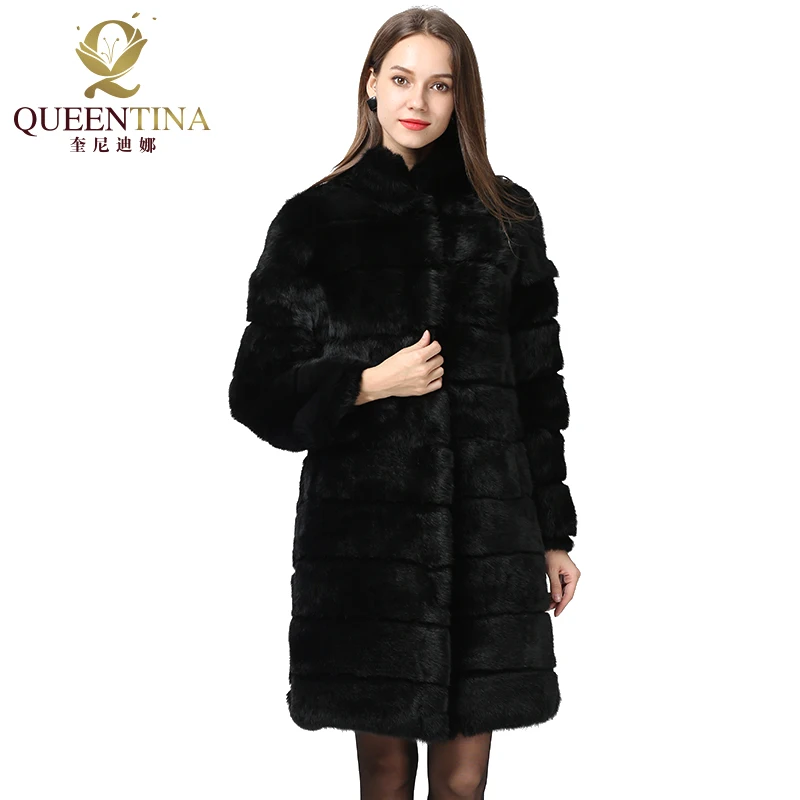 QUEENTINA Real Rabbit Fur Coat New In Outerwears Winter Stand Collar Thick Soft Warm Clothing Women Pelt Natural Long Fur Jacket