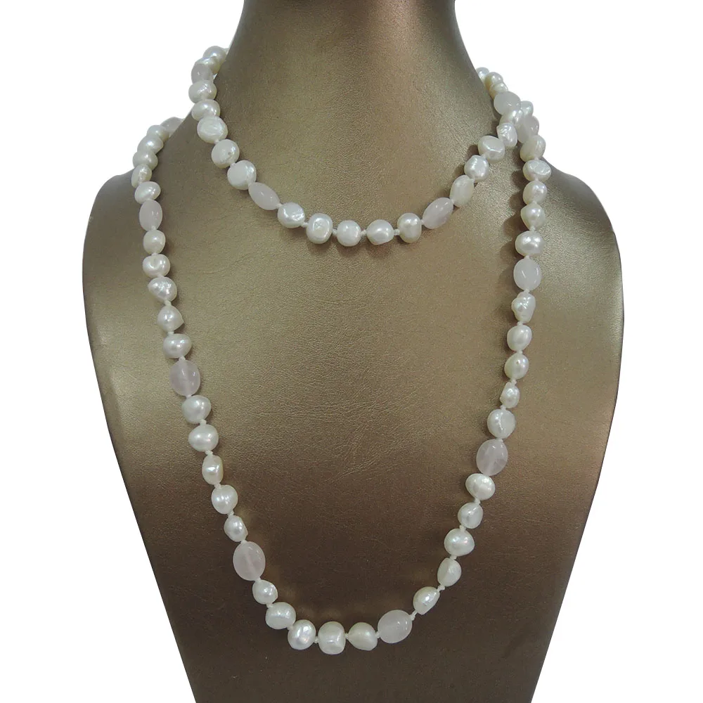 100% NATURE FRESHWATER PEARL NECKLACE and baby pink crystal beads-90 cm necklace